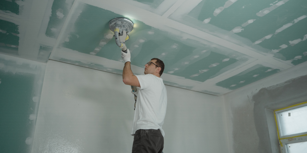 Drywall contractor sanding ceiling joints during drywall finishing and installation in Chilliwack